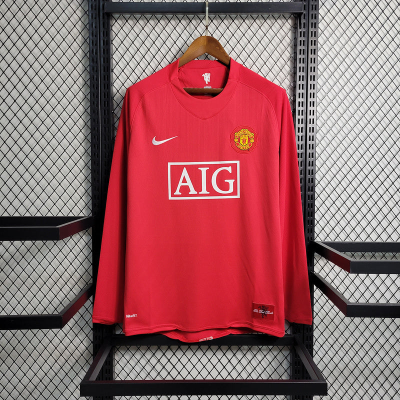 Camisa Manchester United Home 2007/2008 Retrô Manga Longa Vermalha